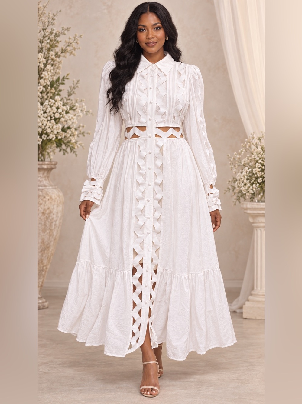 White Romantic Boho Ruffle Dress Size Medium